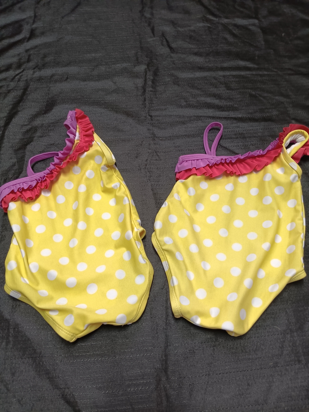 Two Target Kids Yellow Polka Dot One-Piece Swimsuit with Pink and Purple Ruffle